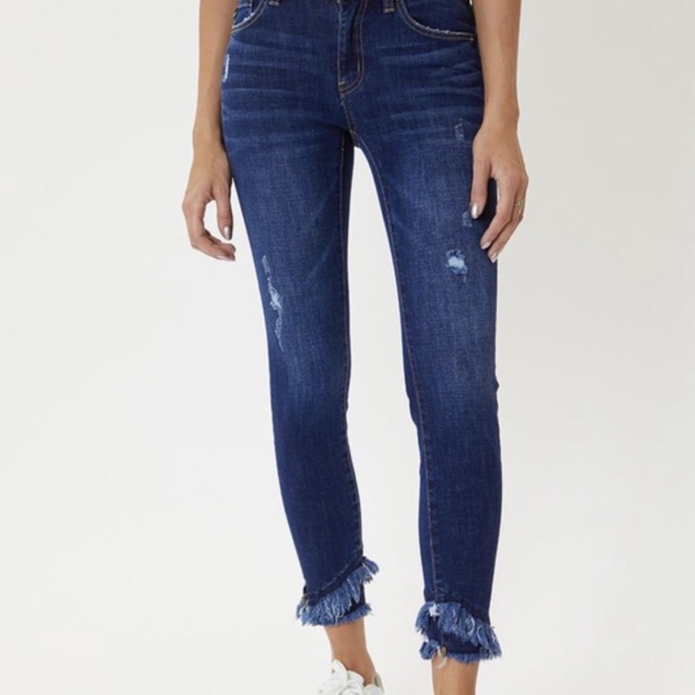 Kan Can Mid-Rise Fringe Ankle Skinny Jeans